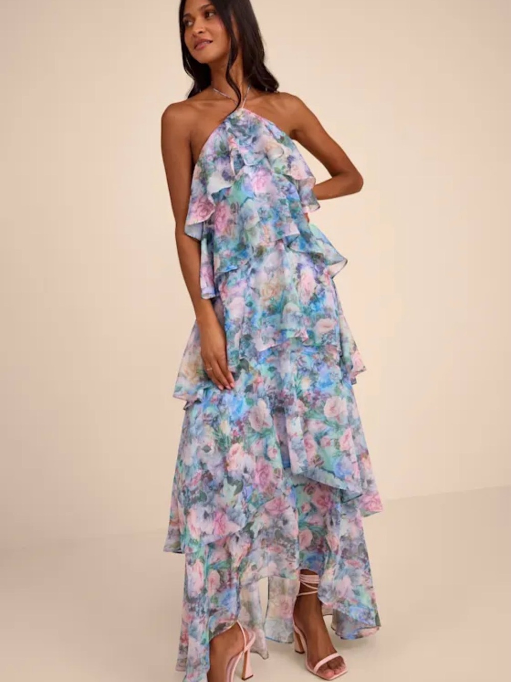 Lulu's Pastel Floral Ruffle Halter High-Low Maxi Dress